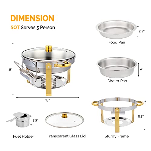 ROVSUN 5QT 6 Packs Chafing Dish Buffet Set Gold Accent, Round NSF Stainless Steel Buffet Warmer Chafers and Buffet Warmers Sets with Glass Lid & Lid Holder for Catering Events Parties Weddings Dinners