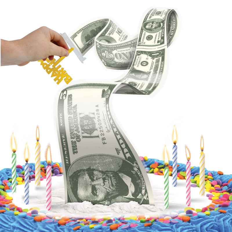 Best Party Ever Happy Birthday White Cake Topper, Cash Stash Surprise, 2 inches Wide