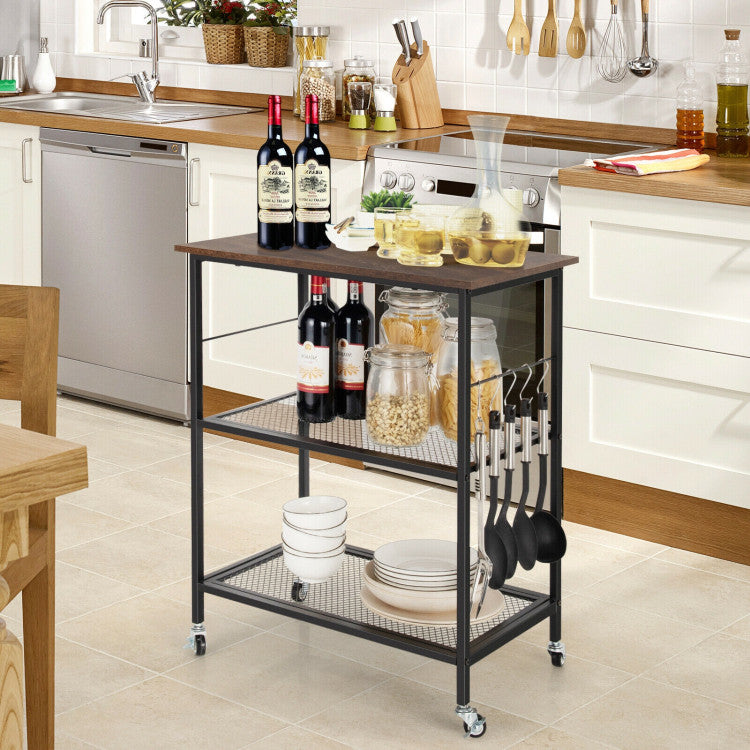 3-Tier Kitchen Serving Cart Utility Standing Microwave Rack with Hooks