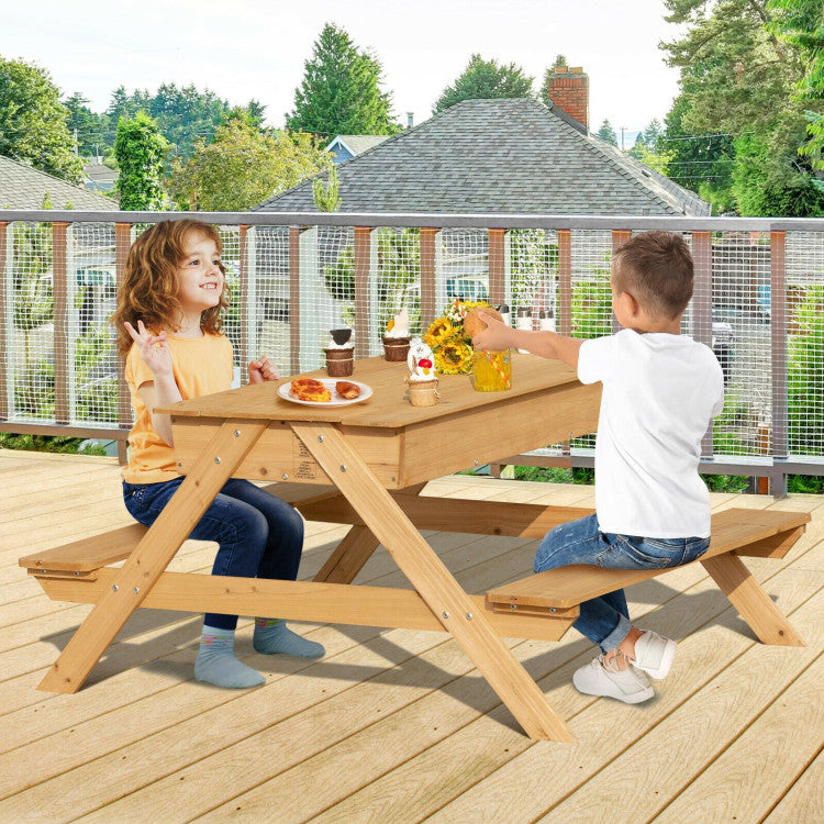 3-in-1 Kids Picnic Table Wooden Outdoor Water Sand Table with Play Boxes