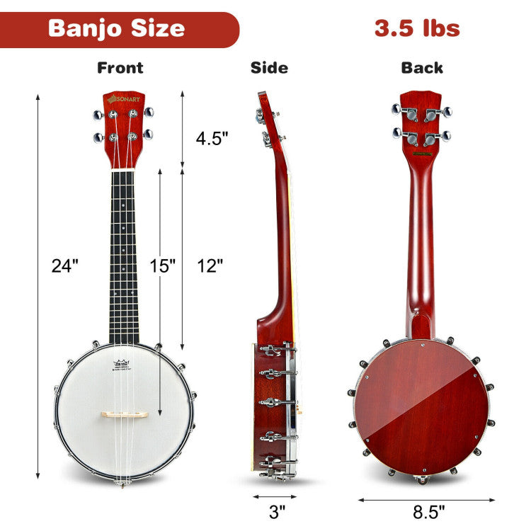 24 Inch Sonart 4-String Banjo Ukulele with Remo Drumhead and Gig Bag