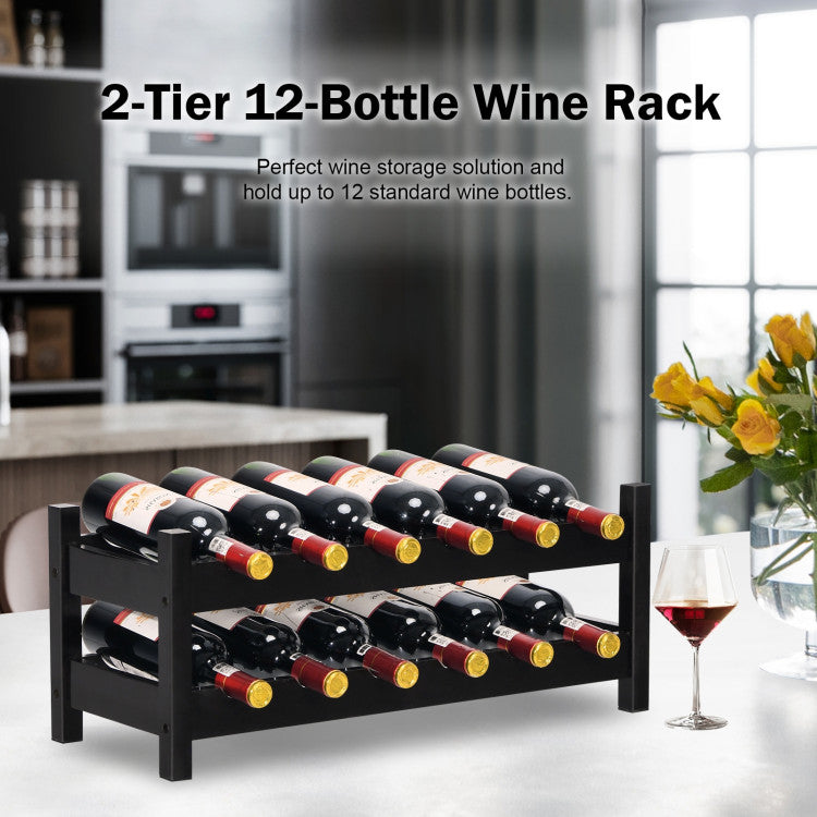 2-Tier 12 Bottles Bamboo Storage Shelf  Wine Rack