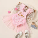 IBTOM CASTLE Baby Girl 1st Birthday Outfit Lace Tulle Romper Princess Tutu Dress Headband Shiny One Cake Smash Photo Shoot Clothes 12-18 Months Pink