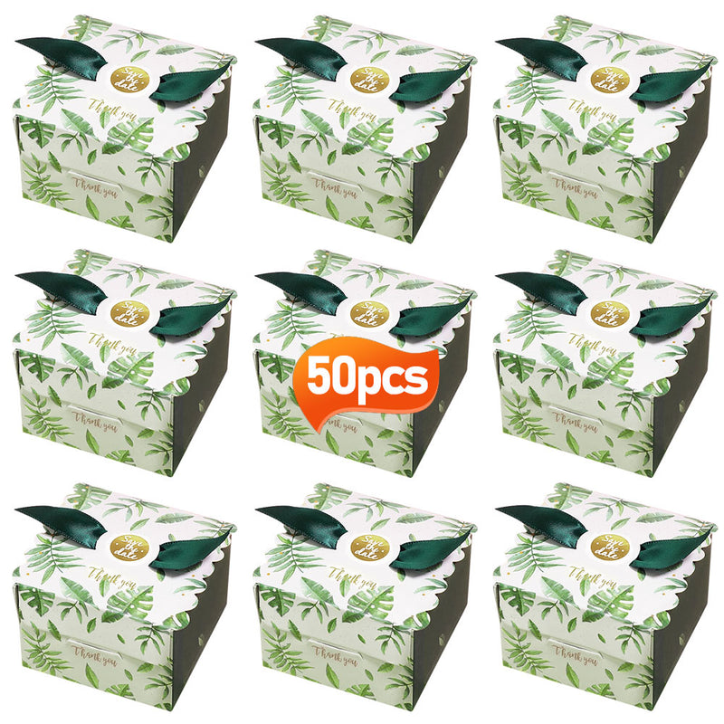 50Pcs Candy Favor Boxes Christmas Gift Boxes Square Box with Green Ribbon (Green Leaves)