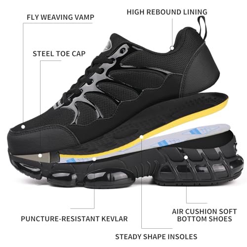 LIANGGO Steel Toe Sneakers for Men Women Safety Composite Toe Shoes Lightweight Work Shoes Indestructible Air Cushion Zapatos de seguridad para Hombres 43 Black