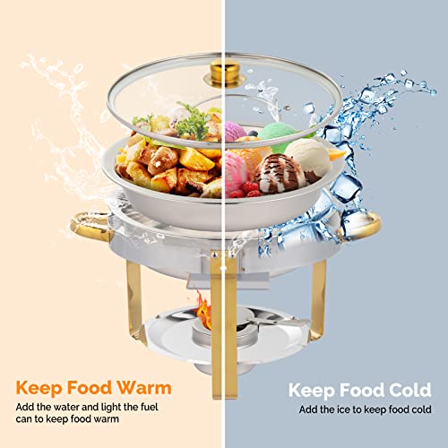 ROVSUN 5QT 6 Packs Chafing Dish Buffet Set Gold Accent, Round NSF Stainless Steel Buffet Warmer Chafers and Buffet Warmers Sets with Glass Lid & Lid Holder for Catering Events Parties Weddings Dinners