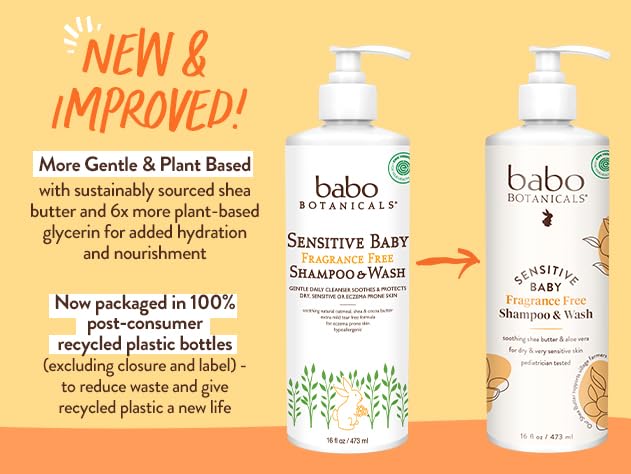 Babo Botanicals Fragrance-Free 2-in-1 Baby Shampoo & Wash - Shea Butter, Calendula & Aloe - EWG Verified, Cruelty-Free, Vegan - Pediatrician Tested - 16 Fl Oz