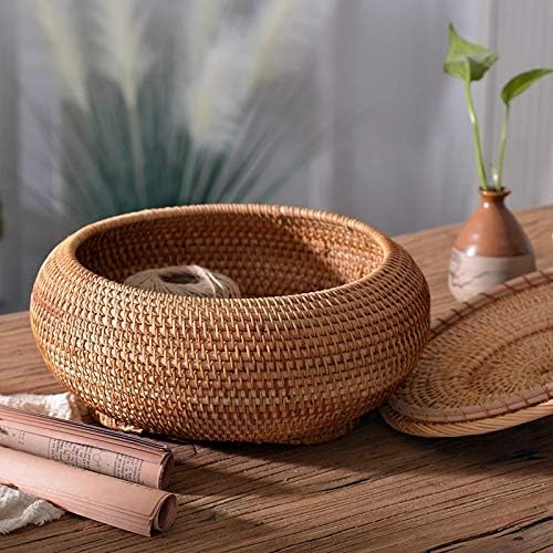 KODENG Round Rattan Boxes with Lid Hand-Woven Multi-Purpose Wicker Tray 8.6Inch Picnic Food Bread Table Storage Basket (22x13cm)