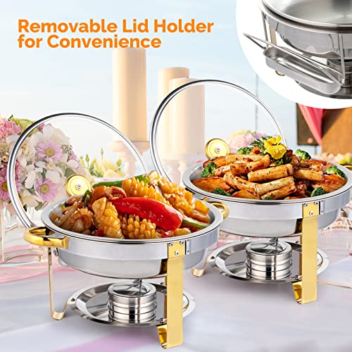 ROVSUN 5QT 6 Packs Chafing Dish Buffet Set Gold Accent, Round NSF Stainless Steel Buffet Warmer Chafers and Buffet Warmers Sets with Glass Lid & Lid Holder for Catering Events Parties Weddings Dinners