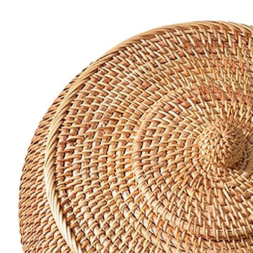 KODENG Round Rattan Boxes with Lid Hand-Woven Multi-Purpose Wicker Tray 8.6Inch Picnic Food Bread Table Storage Basket (22x13cm)