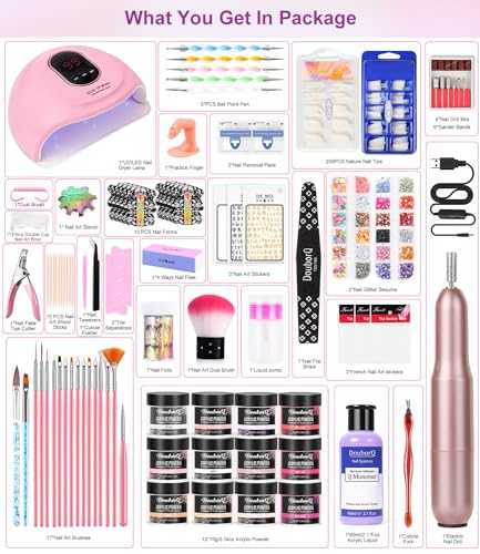 Acrylic Nail Art Kit-Nail Art Manicure Set Acrylic Powder Brush Glitter File French Tips U V Lamp Nail Art Decoration Tools Nail Drill kit for beginners with everything at home