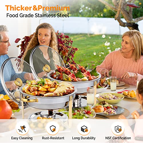 ROVSUN 5QT 6 Packs Chafing Dish Buffet Set Gold Accent, Round NSF Stainless Steel Buffet Warmer Chafers and Buffet Warmers Sets with Glass Lid & Lid Holder for Catering Events Parties Weddings Dinners