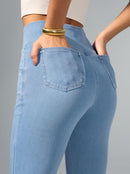 Rammus Flare Jeans for Women Crossover High Waisted Bell Bottom Jeans Trendy Yoga Pants Stretchy Flare Leggings with Pockets Light Denim