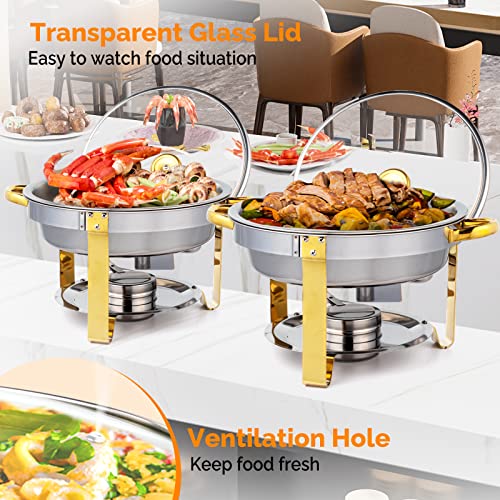 ROVSUN 5QT 6 Packs Chafing Dish Buffet Set Gold Accent, Round NSF Stainless Steel Buffet Warmer Chafers and Buffet Warmers Sets with Glass Lid & Lid Holder for Catering Events Parties Weddings Dinners