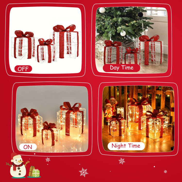 3 Pieces Christmas Lighted Gift Boxes Decorations with 60 LED Lights for Indoor and Outdoor