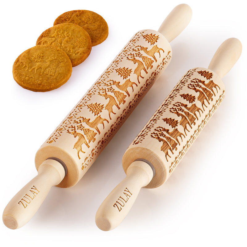 Zulay Kitchen Set of 2 Embossed Rolling Pin - Wood Carved Large & Small with Deep Engraved Patterns