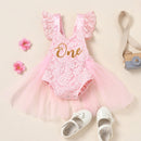 IBTOM CASTLE Baby Girl 1st Birthday Outfit Lace Tulle Romper Princess Tutu Dress Headband Shiny One Cake Smash Photo Shoot Clothes 12-18 Months Pink