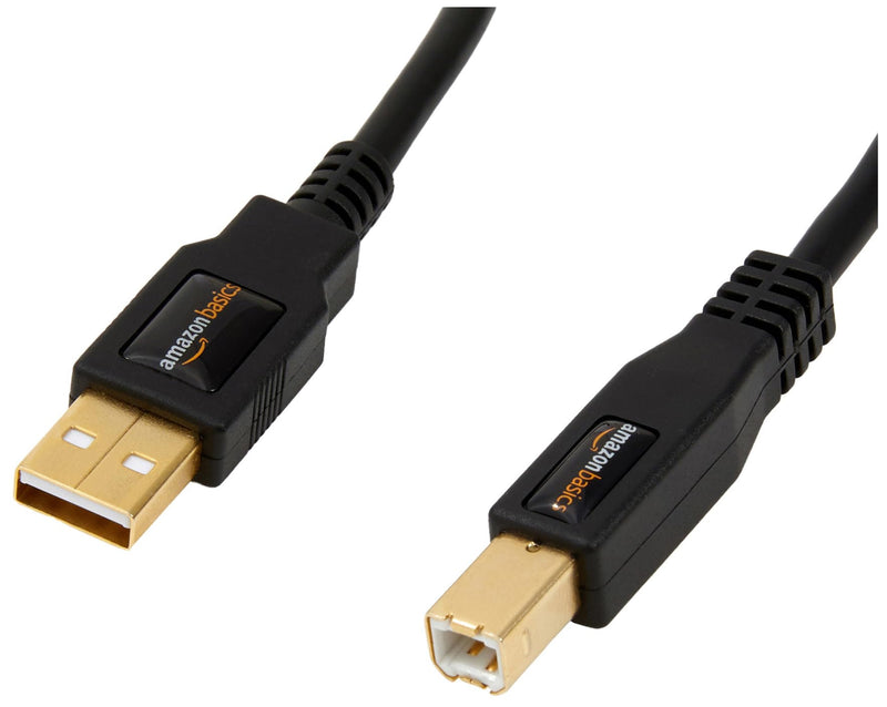 Amazon Basics USB-A to USB-B 2.0 Cable with 480 Mbps Transfer Speed for Printer or External Hard Drive, Gold-Plated Connectors, 6 Foot, Black