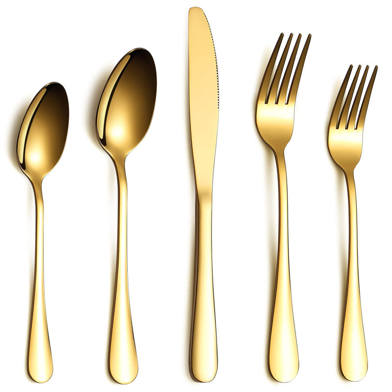 Berglander Flatware Set 20 Piece, Stainless Steel With Titanium Gold Plated, Golden Color Flatware Set, Silverware, Cutlery Set Service For 4 (Shiny Gold)