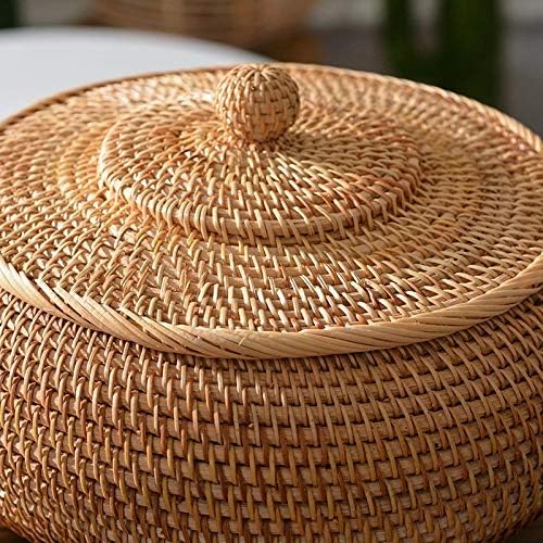 KODENG Round Rattan Boxes with Lid Hand-Woven Multi-Purpose Wicker Tray 8.6Inch Picnic Food Bread Table Storage Basket (22x13cm)