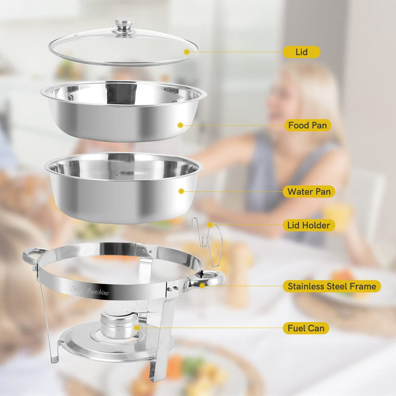 BriSunshine Chafing Dish Buffet Set 6 Packs, 5 QT Stainless Steel Round Chafing Dishes with Glass Lid & Lid Holder, Food Warmer For Parties Buffet Weddings Catering Events