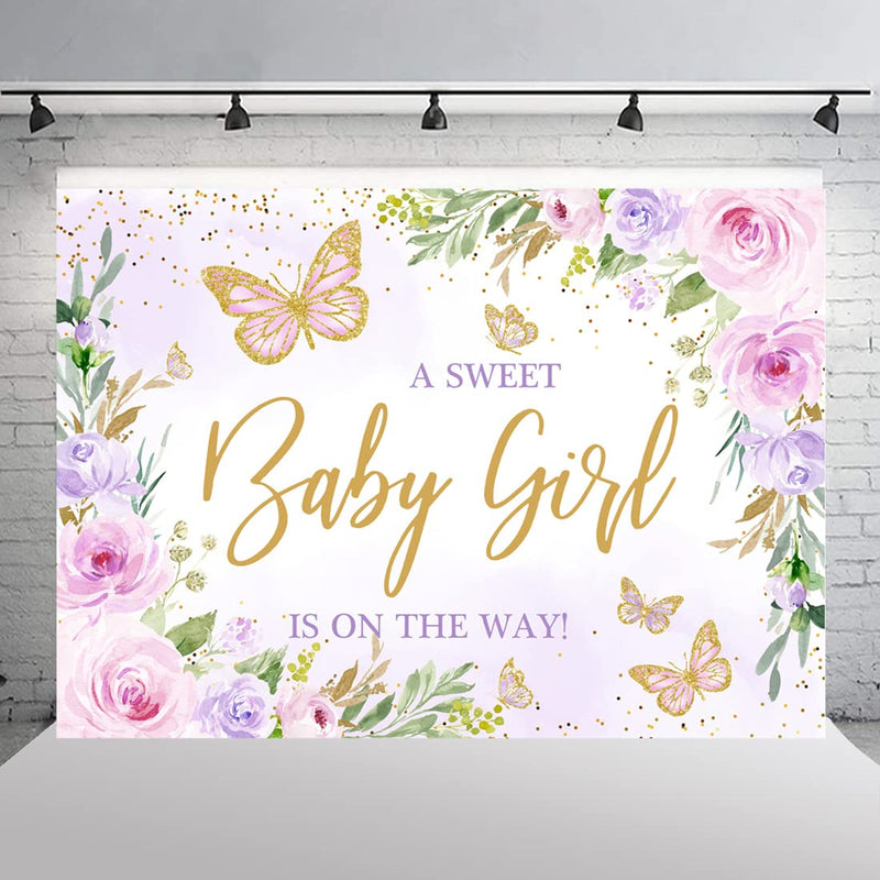 Wollmix Butterfly Baby Shower Decoration for Girl Backdrop 7x5ft A Sweet Baby Girl is on The Way Purple Florals Flowers Photography Background Gold Dots Princess Banner Photo Booth Supplies Props