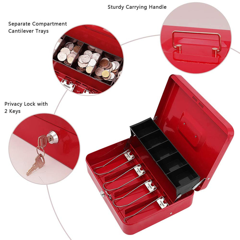 xydled Cash Box with Money Tray and Key Lock,Money lock box with Cash Tray,Safe Lock Box with Key,Tiered,4 Bill / 5 Coin Slots,11.8" x 9.5" x 3.5",Red