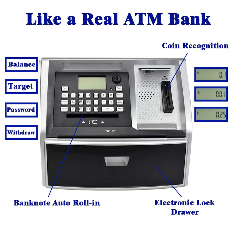 ATM Savings Bank with Debit Card, Electronic Piggy Bank for Real Money, Coin Recognition, Targets Setting, Password Login, Voice Prompt, Great Gift for Boys Girls (Black/Silver)