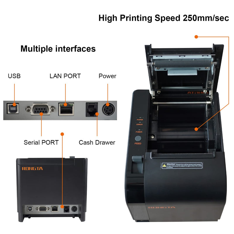 Rongta Thermal Receipt Printer, 80mm Receipt Printers, Thermal Pos Printer with Auto Cutter Support Cash Drawer,USB Serial Ethernet Support ESC/POS, Compatible with Windows/Mac/Linux