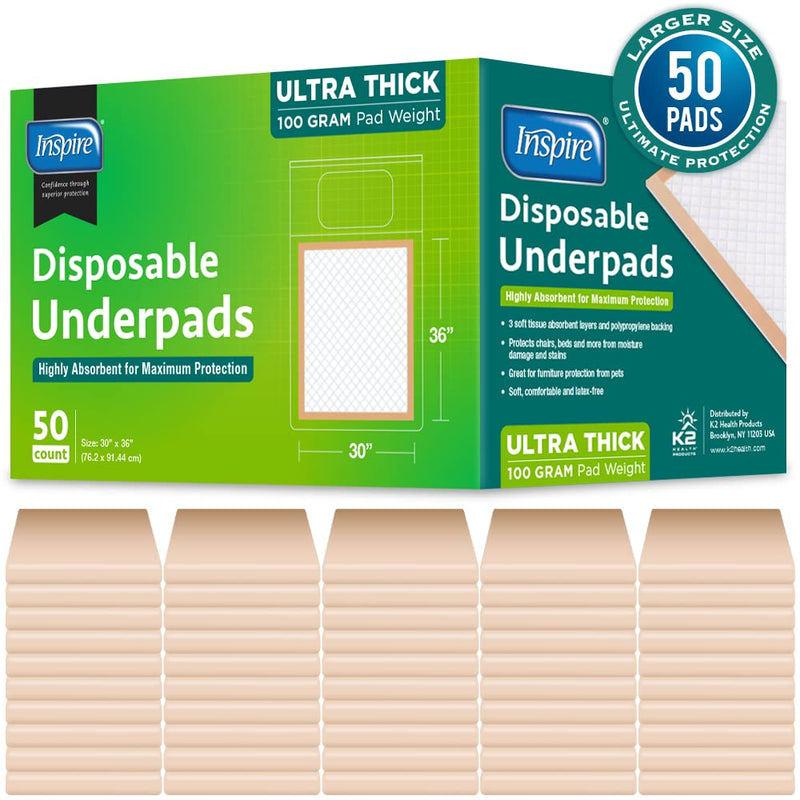 Inspire Extra Large Super Absorbent Disposable Bed Pads for Incontinence Ultra Thick and Absorbent Bed Pads Disposable Adult | Puppy Pads | Pee Pads for Adults (30" X 36" Pack of 50)