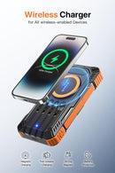 Solar Power Bank 49800mAh Wireless Portable Charger with USB-C 15W Fast Charging with 4 Built-in Cables LED Flashlight Battery Pack Compatible with iPhone, iPad, Galaxy, Perfect for Camping, Hiking