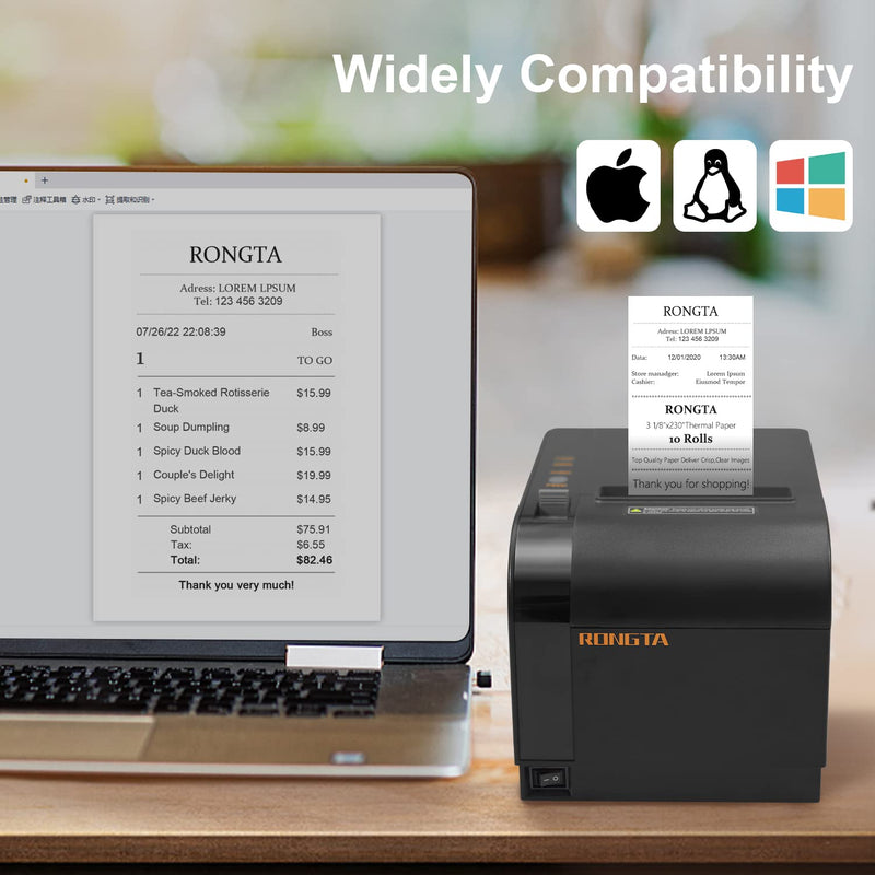 Rongta Thermal Receipt Printer, 80mm Receipt Printers, Thermal Pos Printer with Auto Cutter Support Cash Drawer,USB Serial Ethernet Support ESC/POS, Compatible with Windows/Mac/Linux