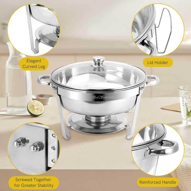 BriSunshine Chafing Dish Buffet Set 6 Packs, 5 QT Stainless Steel Round Chafing Dishes with Glass Lid & Lid Holder, Food Warmer For Parties Buffet Weddings Catering Events