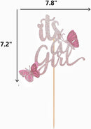 ALISSAR New Double Sided Rose Gold Butterfly Baby Shower Cake Topper Set, It's A Girl Cake Topper and 16 Pieces Pink Butterflies Cupcake Toppers for Baby Girl Baby Shower Party Decorations