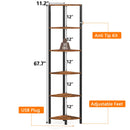 Furnulem 6 Tier Corner Shelf with LED Light, 67.5” Tall Standing Shelf Organizer, Narrow Bookshelf with Storage Rack for Wall Corner, Living Room, Bedroom, Metal Frame, Wood Display Shelf