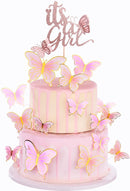 ALISSAR New Double Sided Rose Gold Butterfly Baby Shower Cake Topper Set, It's A Girl Cake Topper and 16 Pieces Pink Butterflies Cupcake Toppers for Baby Girl Baby Shower Party Decorations