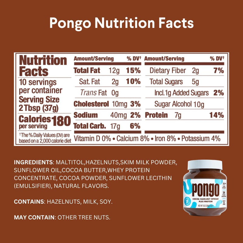 Pongo Cocoa Hazelnut Protein Spread - Low Sugar, Low Carb Sauce, Keto-Friendly Chocolate Dessert Topping (13 oz Jar)