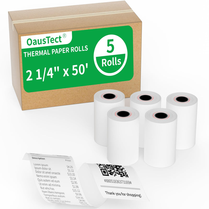 Thermal Paper Rolls 2.25 x 50 ft, 5 Rolls Credit Card Receipt Paper 2 1/4 x 50, Premium Thermal Receipt Paper Fits All 58mm Mini POS Thermal Printer (2 1/4" x 50' Thermal Paper Rolls)