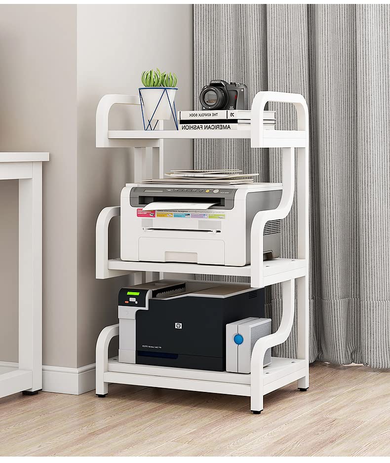 Natwind 3-Tier Printer Stand with Wheels Movable Storage Cart Floor-Standing Multi-Purpose Shelf Rack for Media Player Scanner Files Books Microwave Oven in Kitchen living room Home Office (White)