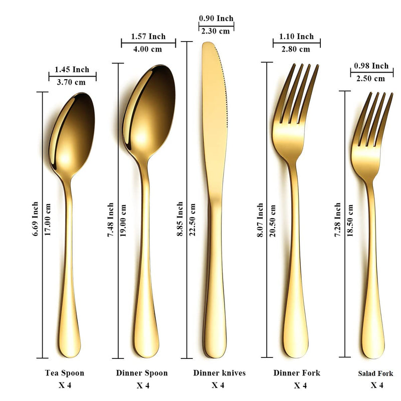 Berglander Flatware Set 20 Piece, Stainless Steel With Titanium Gold Plated, Golden Color Flatware Set, Silverware, Cutlery Set Service For 4 (Shiny Gold)