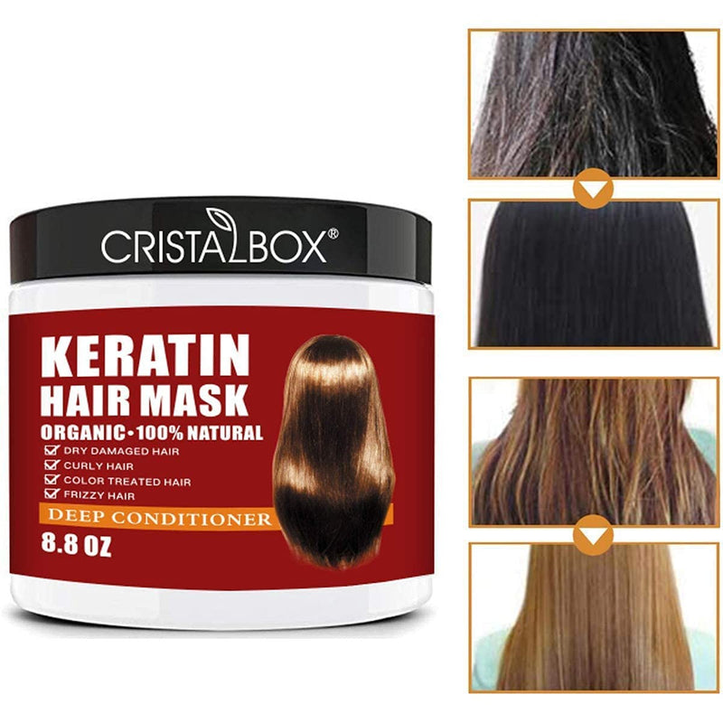 CRISTALBOX Keratin Hair Mask,Keratin Hair Treatment 250g Hair Mask for Dry Damaged Hair,Hair Treatment Mask Deep Repair Damage Hair Root,Natural Deep Conditioner Hydrating Hair Masque