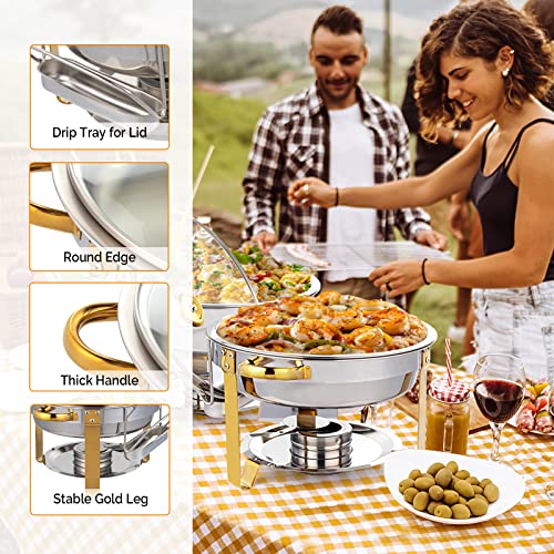 ROVSUN 5QT 6 Packs Chafing Dish Buffet Set Gold Accent, Round NSF Stainless Steel Buffet Warmer Chafers and Buffet Warmers Sets with Glass Lid & Lid Holder for Catering Events Parties Weddings Dinners