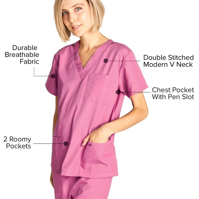 Dagacci Medical Uniform Womens Medical Scrub Set Shirt Top and Pant, Rose_pink, Large, Short Sleeve