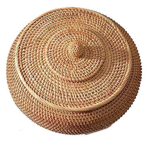 KODENG Round Rattan Boxes with Lid Hand-Woven Multi-Purpose Wicker Tray 8.6Inch Picnic Food Bread Table Storage Basket (22x13cm)