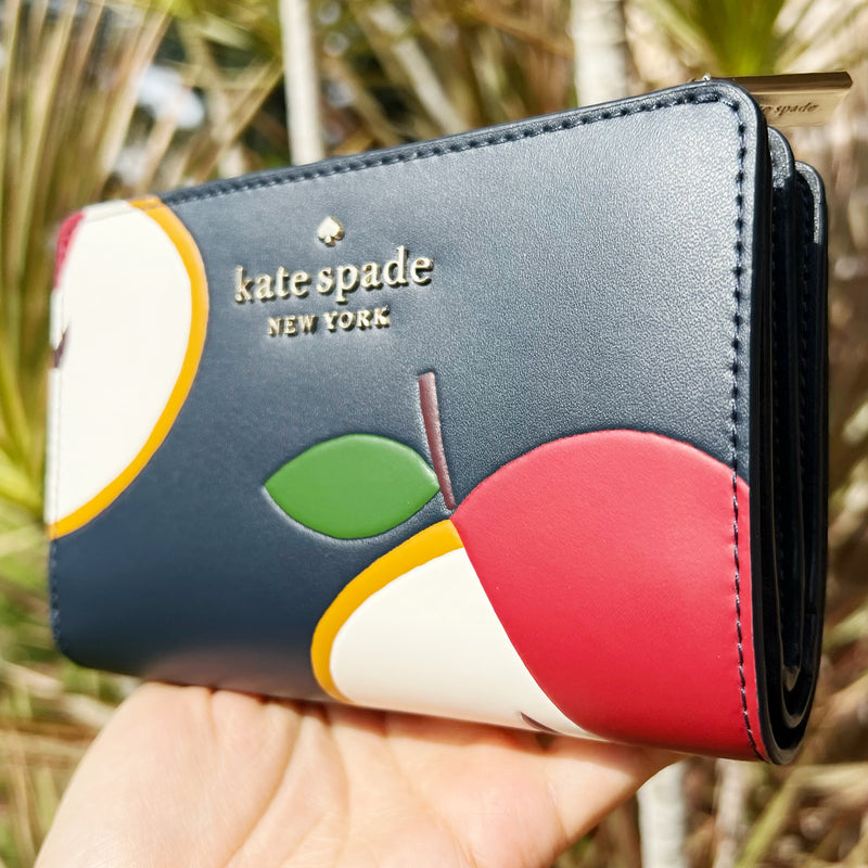 Kate Spade Honeycrisp Apple Medium Compact Bifold Wallet Blue Multi
