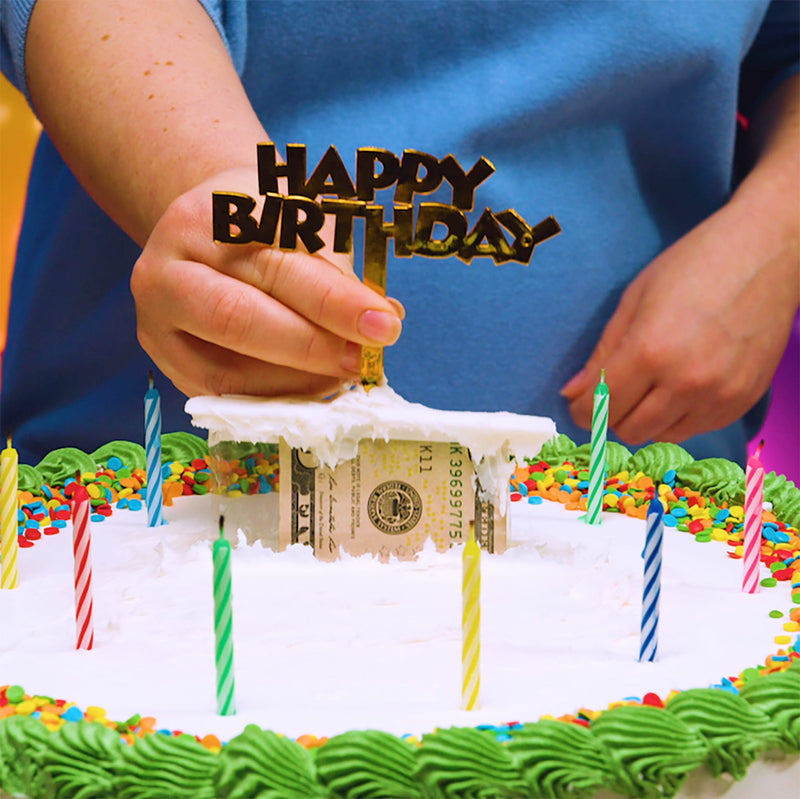 Best Party Ever Happy Birthday White Cake Topper, Cash Stash Surprise, 2 inches Wide