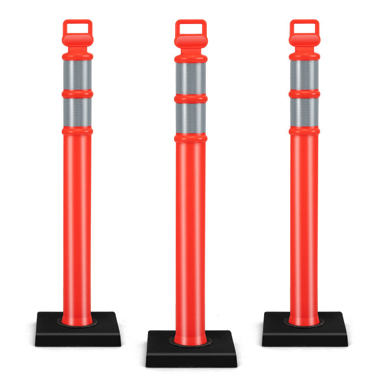 3 Pack Traffic Delineator Post with Rubber Base Reflective Strips and Handle