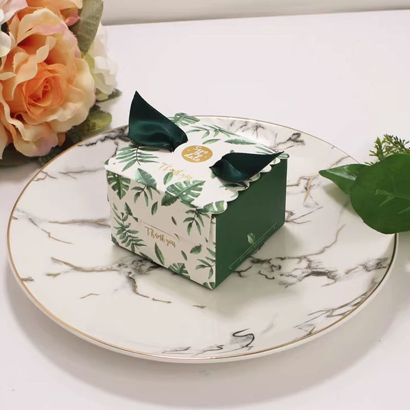 50Pcs Candy Favor Boxes Christmas Gift Boxes Square Box with Green Ribbon (Green Leaves)