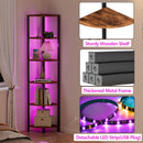 Furnulem 6 Tier Corner Shelf with LED Light, 67.5” Tall Standing Shelf Organizer, Narrow Bookshelf with Storage Rack for Wall Corner, Living Room, Bedroom, Metal Frame, Wood Display Shelf