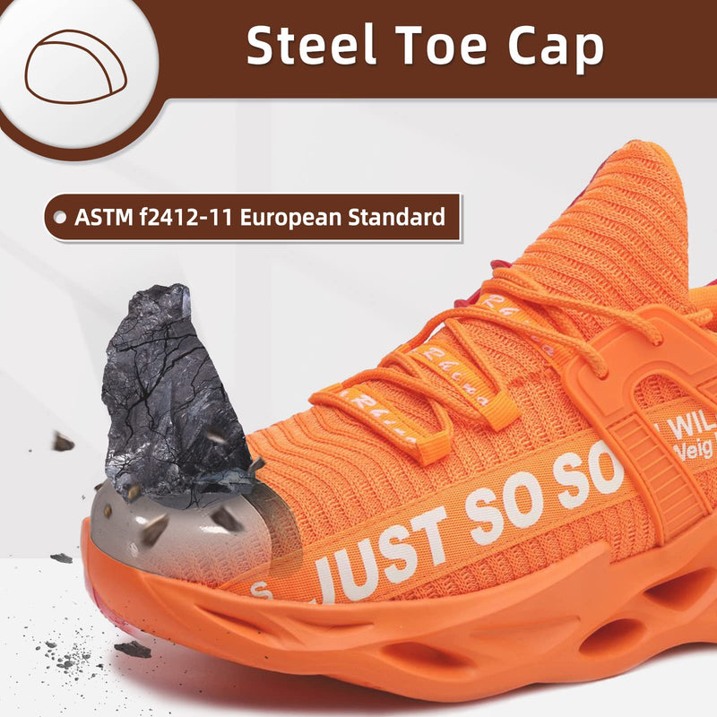 Furuian Steel Toe Shoes for Men Lightweight Women Safety Shoes Comfortable Steel Toe Sneakers, Orange Size M9.5/W11